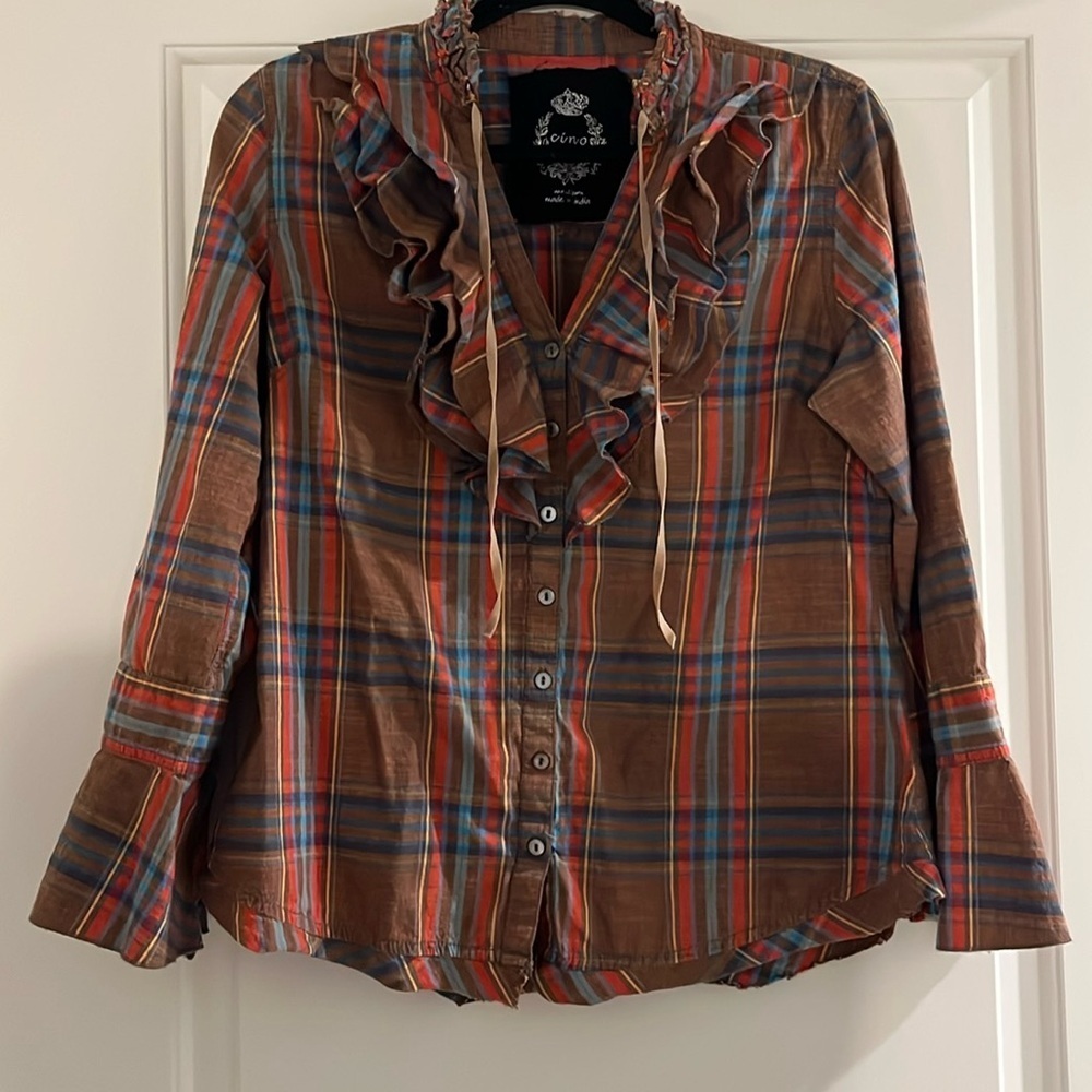 Cino plaid and ruffle button down shirt